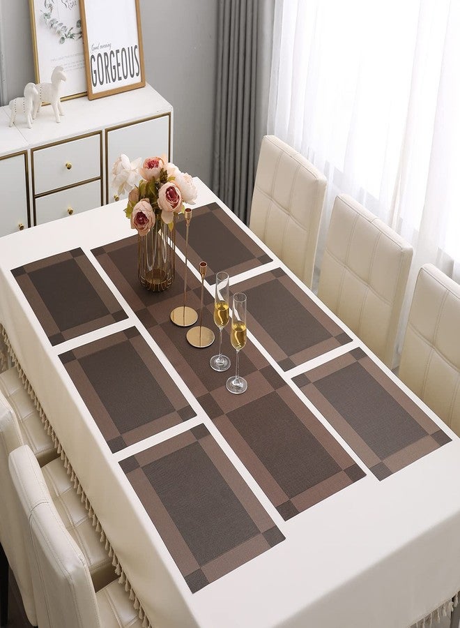 Baskety Set of 6 PVC Table Mats with 1 Table Runner - Waterproof, Non-Slip Placemats for Dining Table, Kitchen, Coffee Table, Easy to Clean, Stylish Brown Design, Durable & Protective,(Brown) - Image 2